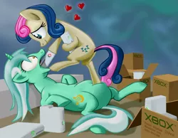 Size: 1200x931 | Tagged: safe, artist:gsphere, derpibooru import, bon bon, lyra heartstrings, sweetie drops, earth pony, pony, unicorn, artifact, boxes, consoling, context is for the weak, eye contact, fat, feeder, feeder bon bon, feeding, female, first picture for fat, force feeding, heart, lesbian, lyra feedee, lyrabon, mare, not salmon, on back, open mouth, parody, photoshop, red ring of death, shipping, smiling, stuffing, wat, wide eyes, xbox, xbox 360