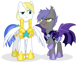 Size: 3800x3100 | Tagged: safe, artist:equestria-prevails, derpibooru import, oc, oc:cloud skipper, oc:midnight blossom, unofficial characters only, bat pony, pegasus, pony, armor, cloudblossom, cute, duo, female, guardsmare, high res, male, mare, night guard, royal guard, simple background, stallion, transparent background