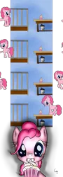 Size: 1200x3340 | Tagged: dead source, safe, artist:caumen, derpibooru import, pinkie pie, earth pony, pony, comic, cupcake, eyes on the prize, female, fourth wall, playpen, simple background, solo, transparent background