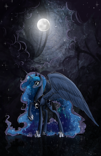 Size: 822x1263 | Tagged: safe, artist:nastylady, derpibooru import, princess luna, alicorn, pony, female, mare, moon, night, photoshop, raised hoof, solo