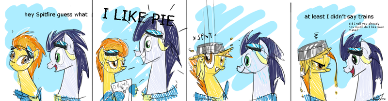 Size: 1300x339 | Tagged: safe, artist:nastylady, derpibooru import, soarin', spitfire, owl, pegasus, pony, asdfmovie, coincidence, comic, female, goggles, i like trains, male, mare, meme, o rly, photoshop, pie, pied, stallion, that pony sure does love pies, wat