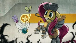 Size: 1920x1080 | Tagged: safe, artist:giantmosquito, derpibooru import, fluttershy, parasprite, pegasus, pony, clothes, costume, crossover, crowbar, dr adorable, dr. horrible's sing-along blog, female, half-life, mare, mouth hold, solo, wallpaper