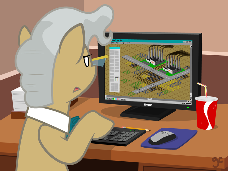 Size: 1200x900 | Tagged: safe, artist:grilledcat, derpibooru import, mayor mare, earth pony, pony, computer, female, game, glasses, mare, photoshop, sim city, sim city 2000, solo