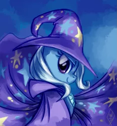 Size: 775x833 | Tagged: safe, artist:whitediamonds, derpibooru import, trixie, pony, unicorn, bust, cape, clothes, female, hat, image, looking at you, mare, png, portrait, profile, smiling, smiling at you, solo, trixie's cape, trixie's hat