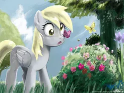 Size: 1200x900 | Tagged: safe, artist:johnjoseco, derpibooru import, derpy hooves, bee, butterfly, pegasus, pony, female, flower, grass, mare, photoshop, solo, tree