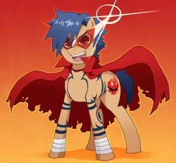 Size: 720x664 | Tagged: safe, artist:krazy-chibi, derpibooru import, ponified, earth pony, pony, cape, clothes, gradient background, kamina, lens flare, male, solo, sunglasses, tengen toppa gurren lagann