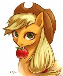 Size: 1400x1700 | Tagged: safe, artist:katiramoon, derpibooru import, applejack, earth pony, pony, apple, bust, female, looking at you, mare, mouth hold, photoshop, portrait, simple background, solo