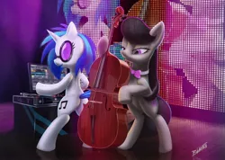 Size: 2422x1726 | Tagged: safe, artist:tavogdl, derpibooru import, octavia melody, vinyl scratch, earth pony, pony, unicorn, bipedal, bowtie, cello, duo, female, mare, musical instrument, photoshop, signature, stage, sunglasses, turntable, zoom layer