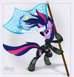 Size: 1664x1750 | Tagged: safe, artist:killryde, derpibooru import, twilight sparkle, pony, unicorn, adobe fireworks, bandage, bipedal, bipedal leaning, clothes, equestrian flag, female, flag, future twilight, leaning, mare, solo, torn clothes