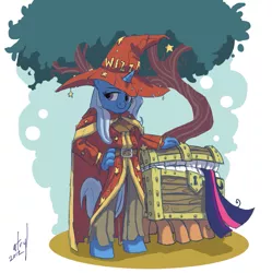 Size: 847x850 | Tagged: safe, artist:atryl, derpibooru import, trixie, twilight sparkle, anthro, unguligrade anthro, unicorn, belt, clothes, crossover, discworld, endosoma, female, hat, implied twilight sparkle, photoshop, rincewind, tail sticking out, the luggage, tree, vore, wizard hat, wizzard