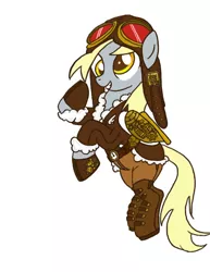 Size: 638x825 | Tagged: safe, artist:bunnimation, artist:s31sh0, derpibooru import, derpy hooves, pegasus, pony, aviator hat, bomber jacket, boots, clothes, colored, female, flying, goggles, hat, mare, paint.net, simple background, solo, steampunk