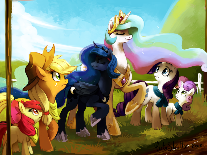 Size: 2000x1500 | Tagged: safe, artist:cuteskitty, derpibooru import, apple bloom, applejack, princess celestia, princess luna, rarity, sweetie belle, alicorn, earth pony, pony, unicorn, sisterhooves social, bandana, cool, eyes closed, female, filly, freckles, hat, hoof shoes, kerchief, looking up, mare, princess, race, raised hoof, royal sisters, siblings, sisters