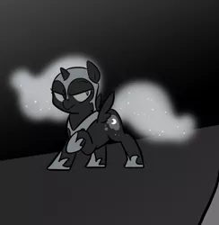 Size: 666x682 | Tagged: safe, artist:egophiliac, derpibooru import, nightmare moon, alicorn, pony, moonstuck, cute, dark woona, female, filly, grayscale, monochrome, nightmare woon, solo