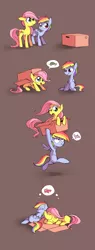 Size: 960x2520 | Tagged: safe, artist:karzahnii, derpibooru import, fluttershy, rainbow dash, pegasus, pony, box, brown background, cardboard box, comic, cute, dashabetes, female, filly, filly fluttershy, filly rainbow dash, floppy ears, imagination, playing, pony in a box, shyabetes, simple background, sleeping, younger