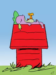 Size: 1327x1754 | Tagged: artist:cybertoaster, charles m schulz, derpibooru import, doghouse, dragon, male, on back, peanuts, peewee, phoenix, phoenix chick, photoshop, safe, snoopy, spike, style emulation