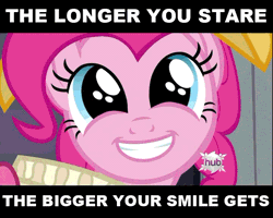 Size: 720x576 | Tagged: dead source, safe, derpibooru import, edit, edited screencap, screencap, chancellor puddinghead, pinkie pie, earth pony, pony, animated, brilliant face, eye shimmer, female, gif, happy, hub logo, image macro, looking at you, mare, meme, smiling, the longer you stare