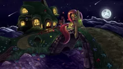 Size: 2123x1200 | Tagged: safe, artist:tsitra360, derpibooru import, angel bunny, fluttershy, firefly (insect), fish, pegasus, pony, beautiful, bridge, duo, female, flower, fluttershy's cottage, moon, night, pet, photoshop, river, sky, solo, stream, wallpaper, water