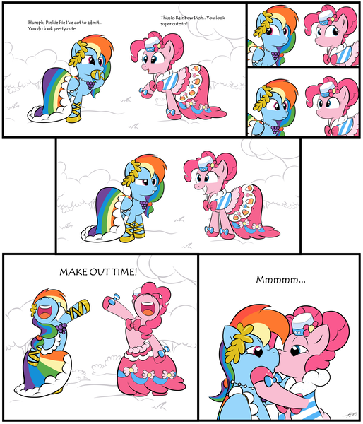 Size: 2096x2448 | Tagged: dead source, safe, artist:grumblepluck, derpibooru import, pinkie pie, rainbow dash, earth pony, pegasus, pony, artifact, clothes, comic, dress, female, gala dress, high res, kissing, lesbian, mare, pinkiedash, shipping