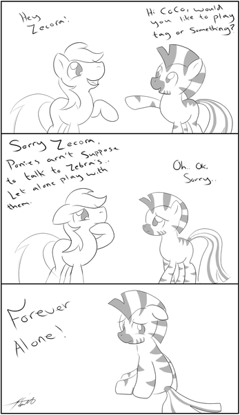 Size: 1982x3422 | Tagged: dead source, safe, artist:grumblepluck, derpibooru import, coco crusoe, zecora, earth pony, pony, zebra, comic, female, forever alone, male, racism, sad, stallion