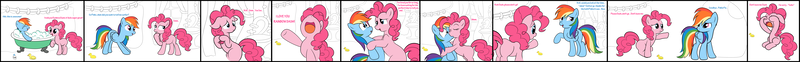 Size: 10361x800 | Tagged: dead source, safe, artist:grumblepluck, derpibooru import, pinkie pie, rainbow dash, earth pony, pegasus, pony, fanfic, fanfic:the party hasn't ended, awkward, bath, comic, fanfic art, female, kissing, lesbian, love, mare, missing cutie mark, pinkiedash, rejection, sad, shipping, shipping denied