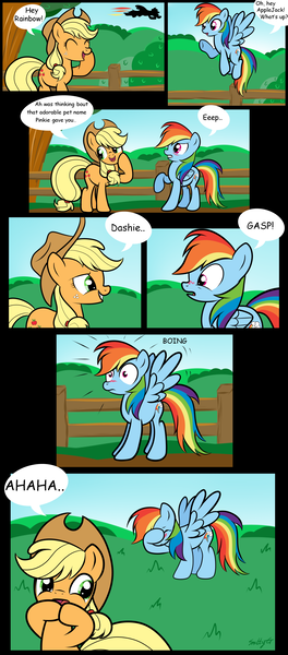 Size: 1960x4448 | Tagged: dead source, suggestive, artist:grumblepluck, derpibooru import, applejack, rainbow dash, earth pony, pegasus, pony, appledash, artifact, blushing, comic, crying, embarrassed, eyes closed, facehoof, faic, female, flying, frown, grass, grin, gritted teeth, implied lesbian, laughing, mare, pomf, raised hoof, shipping, sky, smiling, spread wings, teasing, wide eyes, wingboner