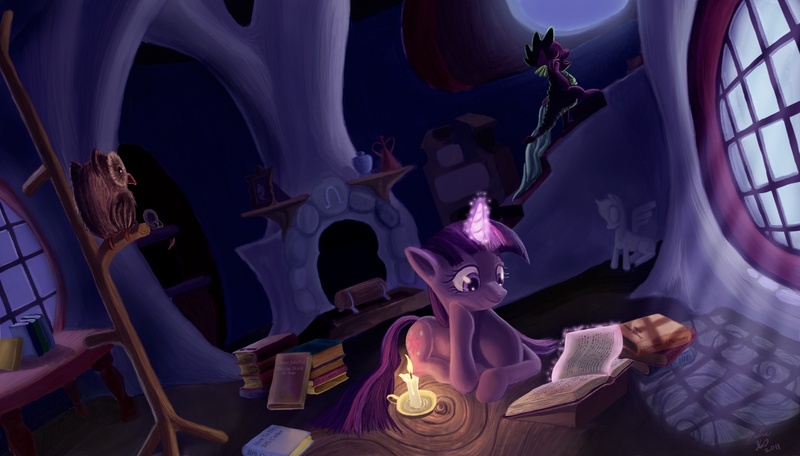 Size: 1920x1094 | Tagged: safe, artist:tsitra360, derpibooru import, owlowiscious, spike, twilight sparkle, dragon, pony, unicorn, blanket, book, candle, don't blink, female, glowing horn, golden oaks library, levitation, library, magic, male, mare, moonlight, night, open mouth, photoshop, reading, sleepy, telekinesis, trio, wallpaper