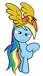 Size: 1765x3121 | Tagged: dead source, safe, artist:grumblepluck, derpibooru import, rainbow dash, pegasus, pony, crown, female, looking at you, mare, raised hoof, simple background, smug, solo, white background
