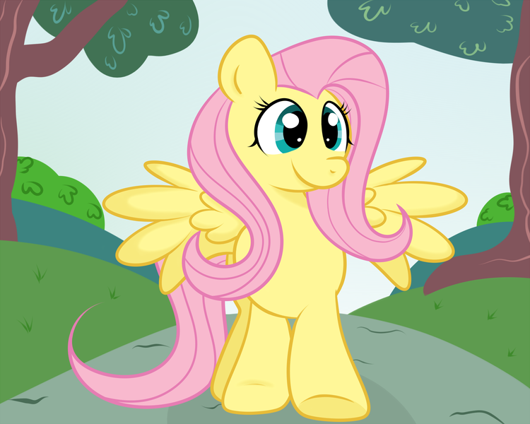 Size: 1500x1200 | Tagged: dead source, safe, artist:grumblepluck, derpibooru import, fluttershy, pegasus, pony, female, happy, mare, solo, tree, walking