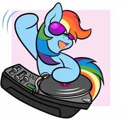 Size: 1200x1120 | Tagged: dead source, safe, artist:grumblepluck, derpibooru import, rainbow dash, pegasus, pony, abstract background, female, mare, solo, sunglasses, turntable