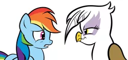 Size: 1576x739 | Tagged: dead source, safe, artist:grumblepluck, derpibooru import, gilda, rainbow dash, gryphon, pegasus, pony, eye contact, female, looking at each other, mare, simple background, white background, worried