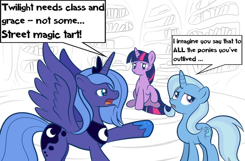 Size: 2445x1600 | Tagged: dead source, safe, artist:grumblepluck, derpibooru import, princess luna, trixie, twilight sparkle, alicorn, pony, unicorn, argument, artifact, dialogue, female, golden oaks library, immortality blues, lesbian, library, love triangle, mare, open mouth, partial color, pouting, s1 luna, shipping, sitting, twiluna, twixie, unicorn twilight