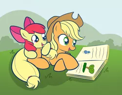 Size: 1890x1470 | Tagged: dead source, safe, artist:grumblepluck, derpibooru import, apple bloom, applejack, earth pony, pony, apple sisters, book, duo, female, filly, foal, happy, mare, prone, siblings, sisters