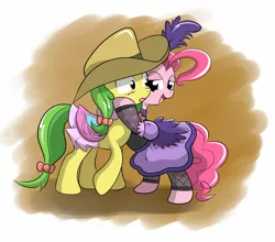 Size: 2012x1774 | Tagged: dead source, safe, artist:grumblepluck, derpibooru import, apple fritter, pinkie pie, earth pony, pony, apple family member, blushing, cowboy hat, female, fishnets, fritterpie, hat, hug, lesbian, mare, rarepair, saddle, saloon dress, saloon pinkie, shipping, showgirl, tack, western