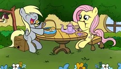 Size: 3500x2000 | Tagged: dead source, safe, artist:grumblepluck, derpibooru import, derpy hooves, fluttershy, pegasus, pony, box, derpyshy, female, high res, lesbian, mare, muffin, open mouth, shipping, tea