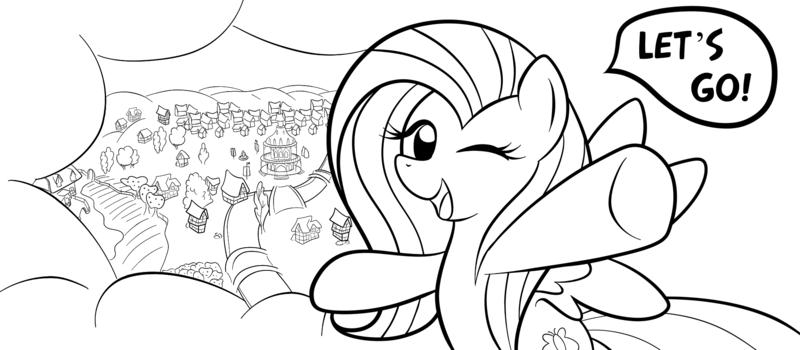 Size: 2000x875 | Tagged: dead source, safe, artist:grumblepluck, derpibooru import, ponibooru import, fluttershy, pegasus, pony, cloud, female, flying, happy, lineart, mare, monochrome, ponyville, solo, wink