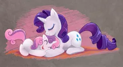 Size: 867x471 | Tagged: dead source, safe, artist:saphamia, derpibooru import, rarity, sweetie belle, pony, unicorn, chalk, cute, diasweetes, duo, duo female, female, filly, happy, mare, photoshop, raribetes, sisters, sweetielove