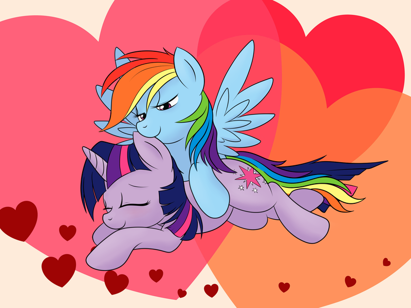 Size: 2000x1500 | Tagged: dead source, safe, artist:grumblepluck, derpibooru import, rainbow dash, twilight sparkle, pegasus, pony, unicorn, abstract background, cuddling, cute, ear bite, female, heart, lesbian, mare, photoshop, shipping, sleeping, snuggling, twidash