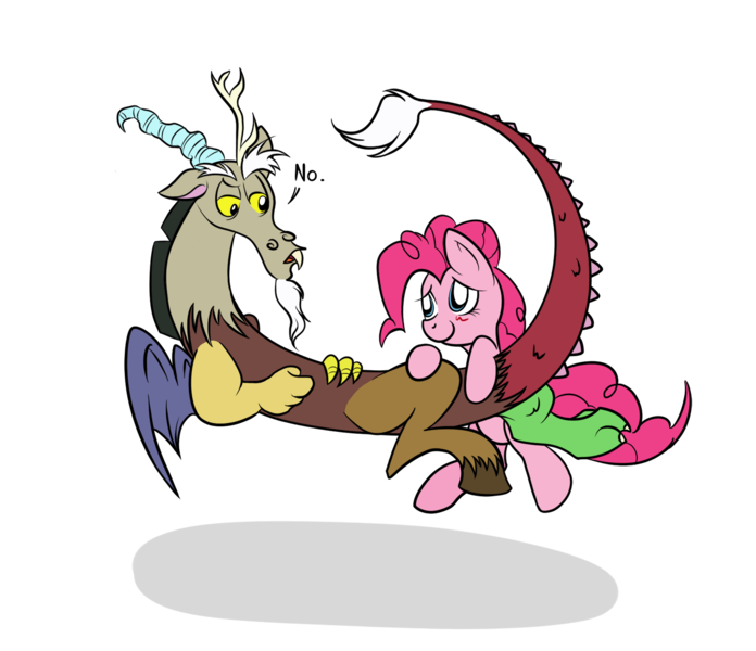 Size: 1370x1181 | Tagged: dead source, safe, artist:grumblepluck, derpibooru import, discord, pinkie pie, earth pony, pony, blushing, discopie, eye contact, female, looking at each other, male, mare, photoshop, shipping, simple background, straight, transparent background