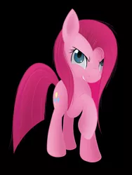 Size: 994x1320 | Tagged: dead source, safe, artist:grumblepluck, derpibooru import, pinkie pie, earth pony, pony, angry, black background, female, mare, photoshop, pinkamena diane pie, raised hoof, simple background, solo