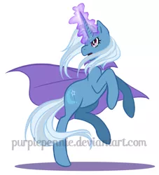 Size: 935x1031 | Tagged: safe, artist:fantaprime, derpibooru import, trixie, pony, unicorn, action pose, cape, clothes, female, glowing horn, magic, mare, rearing, simple background, solo, trixie's cape, watermark, white background