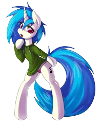 Size: 2316x2913 | Tagged: dead source, safe, artist:grumblepluck, derpibooru import, vinyl scratch, pony, unicorn, bipedal, clothes, female, high res, mare, panties, pink underwear, simple background, solo, sweater, tongue out, transparent background, underwear