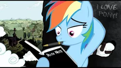 Size: 711x400 | Tagged: safe, artist:zipomon, derpibooru import, rainbow dash, pegasus, pony, book, crossover, death note, female, mare, mouth hold, pen, photoshop, ponyville, solo