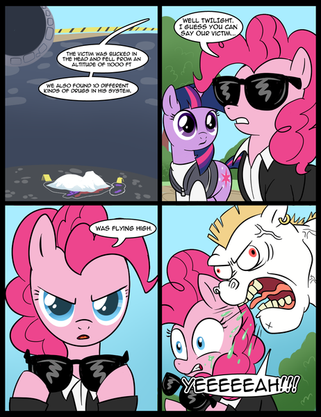 Size: 1000x1300 | Tagged: safe, artist:madmax, derpibooru import, bulk biceps, pinkie pie, twilight sparkle, earth pony, pegasus, pony, unicorn, background pony, clothes, comic, crossover, csi, csi miami, feather, female, implied drugs, male, mare, meme, spitting, stallion, sunglasses, unicorn twilight, yeah