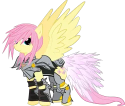 Size: 2474x2095 | Tagged: safe, artist:halotheme, derpibooru import, fluttershy, pegasus, pony, adobe imageready, alternate hairstyle, armor, crossover, female, final fantasy, final fantasy xiii-2, flutterbadass, high res, lightning farron, mare, simple background, solo, transparent background