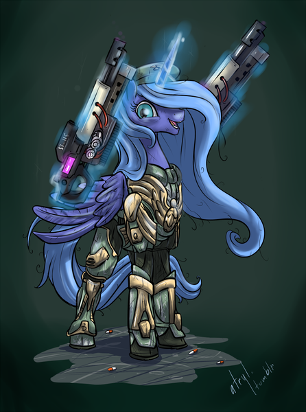 Size: 891x1200 | Tagged: safe, artist:atryl, derpibooru import, princess luna, alicorn, pony, armor, asmd shock rifle, beret, commission, crossover, dual wield, female, gun, magic, mare, open mouth, pills, s1 luna, solo, the fun has been doubled, thunder crash, unreal tournament, ut2004, warrior luna, weapon