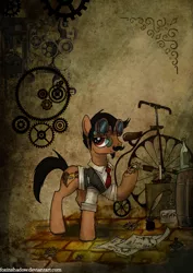 Size: 672x950 | Tagged: safe, artist:foxinshadow, derpibooru import, oc, unofficial characters only, earth pony, pony, bicycle, bottle, candle, clothes, commission, gears, goggles, ink, male, paper, penny-farthing, quill, solo, stallion, steampunk