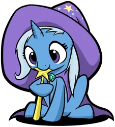 Size: 905x1000 | Tagged: safe, artist:stardustxiii, derpibooru import, trixie, pony, unicorn, best pony, biting, clothes, cute, daaaaaaaaaaaw, diatrixes, female, filly, foal, hat, nom, photoshop, robe, shadow, simple background, sitting, solo, transparent background, trixie's cape, trixie's hat, wand