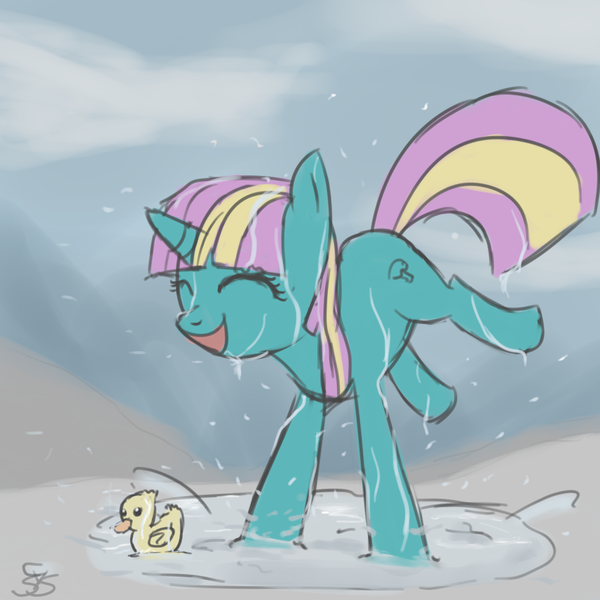 Size: 900x900 | Tagged: dead source, safe, artist:speccysy, derpibooru import, dewdrop dazzle, pony, unicorn, cloud, eyes closed, female, happy, mare, puddle, rain, rubber duck, smiling, solo