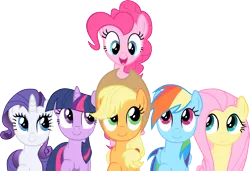 Size: 2398x1640 | Tagged: safe, artist:exe2001, derpibooru import, applejack, fluttershy, pinkie pie, rainbow dash, rarity, twilight sparkle, earth pony, pegasus, pony, unicorn, a friend in deed, .svg available, female, mane six, mare, photoshop, simple background, smile song, smiling, transparent background, unicorn twilight, vector