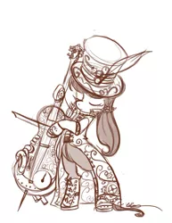 Size: 638x825 | Tagged: safe, artist:bunnimation, derpibooru import, octavia melody, earth pony, pony, bipedal, cello, clothes, eyes closed, female, hat, mare, monochrome, musical instrument, photoshop, simple background, solo, spats, steampunk, top hat, white background